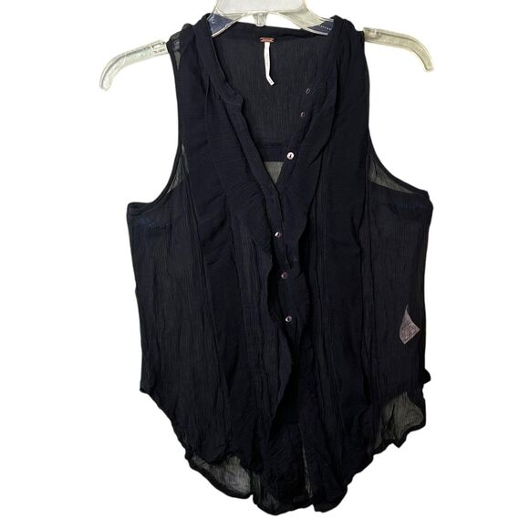 Free People Blouse Womens Medium Black Ruffle Button Front Sleeveless Boho Gauze - Picture 2 of 13